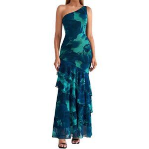 Women's Summer Floral Wedding Guest Dresses One Shoulder Bodycon Tiered Ruffle M